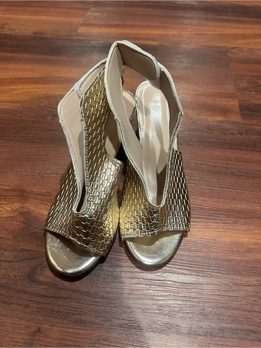 Metallic Gold Woven Peep-Toe Women’s Heels